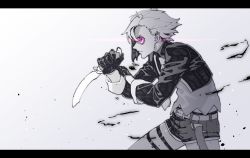 Rule 34 | 1girl, belt, closed mouth, cropped jacket, dagger, ear piercing, eye focus, fighting stance, from side, gloves, highres, holding, holding dagger, holding knife, holding weapon, jacket, knife, leo (reiga), letterboxed, long sleeves, open clothes, open jacket, original, piercing, purple eyes, reiga (act000), reverse grip, short hair, short shorts, shorts, solo, thigh strap, weapon