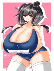 Rule 34 | 10s, 1girl, alternate breast size, ayazumi flutter, black hair, blue one-piece swimsuit, breasts, brown eyes, cleavage, collarbone, female focus, gigantic breasts, grin, kantai collection, looking at viewer, one-piece swimsuit, plump, school swimsuit, sideboob, simple background, smile, solo, standing, swimsuit, thighhighs, tokitsukaze (kancolle), white thighhighs, wide hips