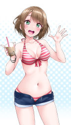 Rule 34 | 1girl, :d, bare legs, bikini, blue shorts, blush, bracelet, brown hair, cup, denim, denim shorts, disposable cup, drink, drinking straw, front-tie bikini top, front-tie top, gradient background, green eyes, halterneck, highres, jewelry, looking at viewer, milk tea, navel, open fly, open mouth, original, polka dot, polka dot background, short hair, shorts, sidelocks, sleeveless, smile, solo, striped bikini, striped clothes, swimsuit, teeth, upper teeth only, waving, yopparai oni