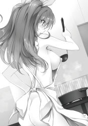 Rule 34 | 1girl, apron, ass, bow, breasts, cooking, cowboy shot, greyscale, hair between eyes, hair bow, hand on own hip, highres, holding, large breasts, long hair, monochrome, naked apron, novel illustration, official art, rakudai kishi no cavalry, sideboob, solo, standing, stella vermillion, twintails, won (az hybrid)