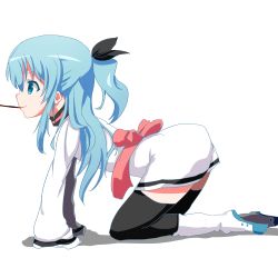 Rule 34 | 10s, 1girl, alice matter, all fours, black thighhighs, blue eyes, blue hair, boots, highres, matching hair/eyes, noel (sora no method), piripun, solo, sora no method, thighhighs, two side up