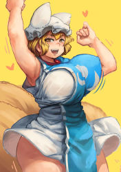 Rule 34 | 1girl, animal hat, armpits, arms up, blonde hair, blush, bouncing breasts, breasts, chanta (ayatakaoisii), curvy, dress, extra ears, fox tail, hat, highres, huge breasts, jumping, looking at viewer, mob cap, multiple tails, open mouth, mob cap, short hair, simple background, smile, solo, tabard, tail, thick thighs, thighs, touhou, wide hips, yakumo ran, yellow eyes