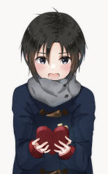 Rule 34 | 1girl, antenna hair, black hair, blush, box, coat, commentary, gift, grey eyes, hair between eyes, heart, heart-shaped box, highres, holding, holding gift, idolmaster, idolmaster (classic), kikuchi makoto, looking at viewer, mogskg, open mouth, scarf, short hair, simple background, solo, sweatdrop, toggles, upper body, valentine, winter clothes