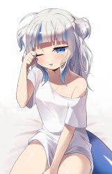 Rule 34 | 1girl, blue eyes, blue hair, blunt bangs, blush, breasts, collarbone, fins, fish tail, gawr gura, highres, hololive, hololive english, jess (jessdont), medium hair, messy hair, multicolored hair, nail polish, on bed, oversized clothes, oversized shirt, shark tail, shirt, silver hair, sitting, small breasts, solo, streaked hair, t-shirt, tail, two side up, virtual youtuber, waking up, white shirt