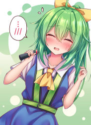 Rule 34 | 1girl, ahoge, ascot, blue dress, blush, bow, breasts, closed eyes, collared shirt, commentary request, cookie (touhou), cowboy shot, daiyousei, diyusi (cookie), dress, dutch angle, green hair, hair between eyes, hair bow, high-visibility vest, highres, long hair, medium breasts, nb mgnorkr, open mouth, ponytail, shirt, short sleeves, solo, spoken blush, touhou, traffic baton, white shirt, yellow ascot, yellow bow