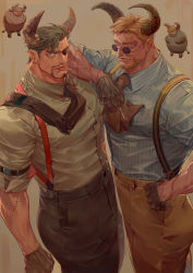 Rule 34 | 2boys, absurdres, bara, beard, blonde hair, cigarette, collared shirt, ear piercing, eyepatch, facial hair, feet out of frame, gloves, green hair, hand on own hip, highres, horns, looking at viewer, male focus, manly, mature male, multiple boys, muscular, muscular male, necktie, original, pants, piercing, scar, scar on arm, scar on face, shirt, short hair, slit pupils, spiked hair, tight clothes, tongue, tongue out, tongue piercing, ueno kishi