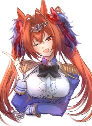 Rule 34 | 1girl, animal ears, black bow, blue jacket, blush, bow, breasts, brown hair, center frills, cropped torso, daiwa scarlet (umamusume), epaulettes, framed breasts, frills, hair intakes, highres, horse ears, index finger raised, jacket, large breasts, long hair, long sleeves, nattsun (018), one eye closed, open mouth, red eyes, shirt, simple background, smile, solo, tiara, twintails, twitter username, umamusume, upper body, white background, white shirt