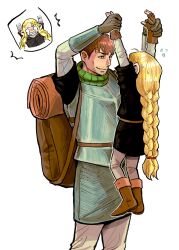 Rule 34 | 1boy, 1girl, armor, arms up, bag, blonde hair, boots, braid, brown footwear, brown hair, chilchuck tims, chilchuck tims (tallman), commentary, dungeon meshi, english commentary, fingerless gloves, flying sweatdrops, gloves, grin, highres, jiang1818, lifting person, long hair, marcille donato, marcille donato (half-foot), pants, simple background, smile, twin braids, very long hair, white background