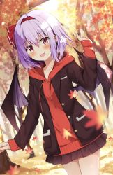 Rule 34 | 1girl, :d, alternate costume, autumn, autumn leaves, bat wings, black jacket, black skirt, blazer, blush, casual, commentary request, contemporary, cowboy shot, dutch angle, hair between eyes, hair ribbon, hairband, hand up, highres, hood, hoodie, hyurasan, jacket, light purple hair, long sleeves, looking at viewer, miniskirt, open mouth, outdoors, pleated skirt, pocket, red eyes, red hairband, red hoodie, red ribbon, remilia scarlet, ribbon, short hair, sidelocks, skirt, smile, solo, standing, thighs, touhou, wings