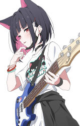 Rule 34 | 1girl, absurdres, animal ears, bass guitar, black collar, black hair, black jacket, black mask, black wristband, blue archive, blunt bangs, blush, cat ears, clothes around waist, collar, colored inner hair, commentary request, cowboy shot, earclip, earrings, extra ears, hair ornament, hairclip, hand up, highres, holding, holding instrument, instrument, jacket, jacket around waist, jewelry, kazusa (band) (blue archive), kazusa (blue archive), looking at viewer, looking down, mask, mask pull, mouth mask, multicolored hair, official alternate costume, parted lips, pink eyes, pink hair, shirt, short hair, short sleeves, simple background, skirt, solo, stud earrings, uefw8437, white background, white shirt, white skirt