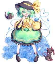 Rule 34 | 1girl, bird, black hat, blouse, blue flower, blue rose, bow, braid, bright pupils, cape, cat, crow, dior-zi, floral background, floral print, flower, frilled shirt collar, frilled skirt, frilled sleeves, frills, green eyes, green hair, green nails, green skirt, hair between eyes, hair bow, hand on own face, hat, hat ribbon, heart, heart of string, highres, kaenbyou rin, kaenbyou rin (cat), komeiji koishi, looking at viewer, nail polish, reiuji utsuho, reiuji utsuho (bird), ribbon, rose, shirt, short hair, simple background, skirt, sleeves past wrists, solo, third eye, touhou, twin braids, twintails, white background, yellow shirt