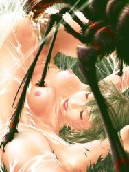 Rule 34 | blood, breasts, bug, closed eyes, green hair, nude, pubic hair, rape, silk, spider, spider web, tagme
