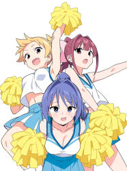 3girls :d :o anbe_masahiro arm_up atsumare!_fushigi_kenkyuubu bare_shoulders blonde_hair blue_eyes blue_hair blue_skirt blue_trim bow breasts cheerleader cleavage fang flat_chest hair_bow hair_intakes high_ponytail highres holding holding_pom_poms kanda_chiaki leaning_forward light_blush medium_breasts midriff multiple_girls ninomiya_suzu oohara_kotone open_mouth pink_bow pleated_skirt pom_pom_(cheerleading) pom_poms ponytail simple_background skirt small_sweatdrop smile white_background