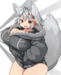 Rule 34 | 1girl, animal ear fluff, animal ears, breasts, brown eyes, buruma, cleavage, curvy, fangs, grey hair, hair ornament, hairclip, hands in pockets, highres, huge breasts, jacket, looking at viewer, mamemochi, multicolored hair, open mouth, orange hair, original, short hair, simple background, smile, solo, streaked hair, tail, thick thighs, thighs, upper body, v-shaped eyebrows, white background, wolf ears, wolf tail, zipper pull tab