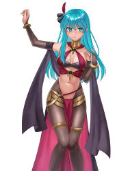 Rule 34 | 1girl, absurdres, alternate costume, bandeau, bare shoulders, black gloves, black pantyhose, blue eyes, blue hair, bracelet, bridal gauntlets, commentary request, cosplay, criss-cross halter, dorothea arnault, dorothea arnault (cosplay), eirika (fire emblem), elbow gloves, feather hair ornament, feathers, feet out of frame, fire emblem, fire emblem: the sacred stones, fire emblem heroes, gloves, hair between eyes, hair ornament, hair ribbon, halterneck, harem outfit, hazuki (nyorosuke), highres, jewelry, long hair, looking at viewer, midriff, navel, neck ring, nintendo, out of frame, pantyhose, pelvic curtain, ribbon, shawl, simple background, solo, standing, stomach, tears, thighlet, thighs, very long hair, white background