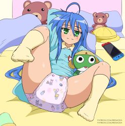 Rule 34 | bed, blue hair, blue skirt, cosplay, diaper, feet, green eyes, izumi konata, looking at viewer, lucky star, nintendo switch, on bed, pink diaper, showing off, skirt, star, stuffed animal, stuffed toy, teddy bear