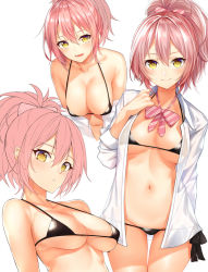 Rule 34 | 1girl, anza tomo, bare shoulders, bikini, bikini under clothes, black bikini, blouse, blush, bow, bowtie, breasts, cleavage, collarbone, dress shirt, hair between eyes, hair bow, highres, hip focus, idolmaster, idolmaster cinderella girls, jougasaki mika, looking at viewer, looking to the side, medium breasts, micro bikini, multiple views, navel, off shoulder, open clothes, open mouth, open shirt, parted lips, pink bow, pink hair, ponytail, shirt, side-tie bikini bottom, simple background, sleeves rolled up, smile, striped bow, striped bowtie, striped clothes, striped neckwear, swimsuit, thighs, unbuttoned, unbuttoned shirt, white background, yellow eyes