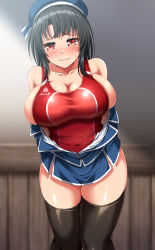 Rule 34 | 1girl, absurdres, beret, black hair, black thighhighs, blue hat, blue skirt, blush, breasts, cleavage, collarbone, competition swimsuit, embarrassed, hat, highres, kantai collection, large breasts, military uniform, miniskirt, one-piece swimsuit, red eyes, red one-piece swimsuit, short hair, sideboob, skirt, solo, standing, sweatdrop, swimsuit, takao (kancolle), thighhighs, undressing, uniform, zanntetu