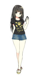 Rule 34 | 1girl, arm behind back, black eyes, black hair, black shirt, blouse, blunt bangs, blush, cellphone, clothes writing, crossed legs, denim, denim shorts, english text, full body, heart, hime cut, long hair, looking at viewer, meme attire, no socks, phone, profanity, sandals, shirt, shorts, simple background, sky-freedom, smartphone, solo, standing, t-shirt, white background