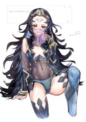 Rule 34 | 1girl, bare shoulders, black hair, black nails, blue panties, bodystocking, breasts, circlet, covered navel, fire emblem, fire emblem fates, highres, looking at viewer, mouth veil, nail polish, nintendo, nyx (fire emblem), osiri siri siri, panties, red eyes, see-through, small breasts, solo, thighhighs, underwear, veil