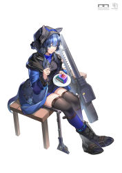 Rule 34 | 1girl, :t, absurdres, arknights, blue eyes, cake, cake slice, charm (object), chewing, chinese commentary, food, fork, glaucus (arknights), highres, holding, holding plate, infection monitor (arknights), knmaorongrong, long sleeves, low twintails, magnetic weapon, multicolored hair, on bench, plate, railgun, sitting, slug girl, solo, streaked hair, tail, thighhighs, twintails, white background