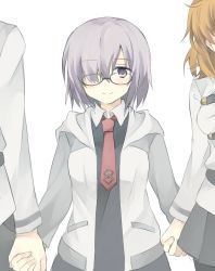 Rule 34 | 1boy, 2girls, akafuku pukoemon, bad id, bad pixiv id, blush, breasts, fate/grand order, fate (series), fujimaru ritsuka (female), fujimaru ritsuka (male), glasses, hair over one eye, height difference, highres, holding hands, jacket, long sleeves, looking at viewer, mash kyrielight, medium breasts, multiple girls, necktie, orange hair, out of frame, pantyhose, purple eyes, purple hair, red necktie, short hair, simple background, skirt, smile, white background