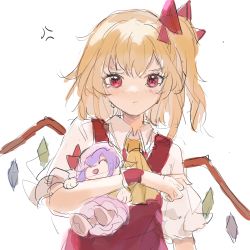Rule 34 | 1girl, anger vein, angry, ascot, blonde hair, blush, bow, character doll, closed mouth, crystal, doll, flandre scarlet, hair bow, highres, holding, holding another&#039;s arm, holding doll, looking at viewer, medium hair, one side up, patchouli knowledge, pout, puffy short sleeves, puffy sleeves, red bow, red eyes, red vest, reset, shirt, short sleeves, simple background, sketch, solo, tears, touhou, upper body, v-shaped eyebrows, vest, white background, white shirt, wings, wrist cuffs, yellow ascot