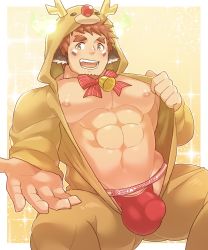 Rule 34 | 1boy, abs, animal costume, animal ears, antlers, aopanda, bara, bare pectorals, blush, brown eyes, brown hair, bulge, christmas, cow boy, cow ears, cow horns, facial hair, feet out of frame, fiery horns, forked eyebrows, glowing horns, goatee, highres, horns, jockstrap, large pectorals, looking at viewer, male focus, male underwear, muscular, muscular male, navel, nipples, open clothes, outstretched hand, pectorals, reaching, reaching towards viewer, red male underwear, reindeer antlers, reindeer costume, short hair, sitting, smile, solo, spiked hair, stomach, thick eyebrows, thick thighs, thighs, tokyo houkago summoners, underwear, undressing, wakan tanka