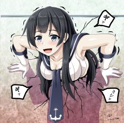 Rule 34 | 1girl, agano (kancolle), anchor symbol, black hair, black necktie, black sailor collar, breasts, cleavage, collarbone, commentary request, crack, gloves, green eyes, kantai collection, large breasts, long hair, necktie, one-hour drawing challenge, sailor collar, school uniform, serafuku, shirt, sleeveless, sleeveless shirt, solo, stuck, tk8d32, translation request, upper body, wall, white gloves