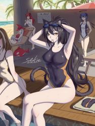 Rule 34 | 5girls, alternate hair color, animal ears, arknights, armpits, arms up, artist name, bare arms, bare shoulders, black hair, black one-piece swimsuit, blue hair, blue sky, breasts, cat ears, cat tail, commentary request, competition swimsuit, day, goggles, goggles on head, hair between eyes, hair tie, hair tie in mouth, halo, hand on own hip, highres, horns, inflatable orca, inflatable toy, large breasts, long hair, looking at viewer, magallan (arknights), mostima (arknights), mouth hold, multicolored hair, multiple girls, one-piece swimsuit, palm tree, red headwear, red one-piece swimsuit, saikre, schwarz (arknights), signature, sitting, skadi (arknights), sky, smile, soaking feet, streaked hair, surtr (arknights), swimsuit, tail, thighs, tree, very long hair, white hair, white one-piece swimsuit, yellow eyes