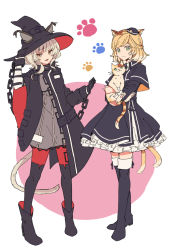 Rule 34 | 2girls, animal ears, arknights, black gloves, blonde hair, boots, capelet, cat, cat ears, cat girl, cat tail, chain, cuffs, dress, ears through headwear, frilled skirt, frills, gloves, green eyes, grey dress, harami (hara 333), hat, haze (arknights), medium hair, mousse (arknights), multiple girls, multiple tails, necktie, short hair, silver hair, skirt, tail, thigh boots, thighhighs, two tails, witch hat, yellow eyes