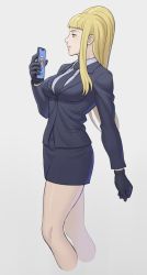 Rule 34 | 1girl, black gloves, black jacket, black necktie, black skirt, blonde hair, blue eyes, breasts, cellphone, closed mouth, collared shirt, commentary request, cropped legs, expressionless, from side, gloves, grey shirt, high ponytail, holding, holding phone, jacket, kolin, long hair, long sleeves, looking away, medium breasts, necktie, noppo (tarstation), pencil skirt, phone, pocket, ponytail, profile, shiny skin, shirt, simple background, skirt, smartphone, solo, standing, straight hair, street fighter, white background
