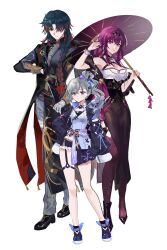 Rule 34 | 1boy, 2girls, absurdres, alternate costume, bare shoulders, black footwear, black sleeves, blade (honkai: star rail), blue footwear, breasts, chinese clothes, closed mouth, crossed bangs, dress, drill hair, expressionless, fractalmagnolia, full body, grey eyes, grey hair, grey pants, hair over one eye, height difference, high heels, high ponytail, highres, holding, holding sword, holding umbrella, holding weapon, honkai: star rail, honkai (series), jacket, jian (weapon), kafka (honkai: star rail), looking at viewer, medium breasts, multiple girls, pants, parted bangs, ponytail, purple eyes, purple hair, shorts, silver wolf (honkai: star rail), single drill, small breasts, sword, thigh strap, umbrella, weapon, white dress