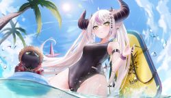 Rule 34 | 1girl, absurdres, bird, black one-piece swimsuit, bodyboard, breasts, cloud, crow (la+ darknesss), earrings, eyebrows hidden by hair, green eyes, grey hair, hair behind ear, hat, highres, holding, hololive, horns, jewelry, la+ darknesss, long hair, medium breasts, one-piece swimsuit, palm tree, partially submerged, partially underwater shot, pointy ears, sky, solo, straw hat, sun, swimsuit, tree, twintails, underwater, very long hair, virtual youtuber, wading, wanne, water