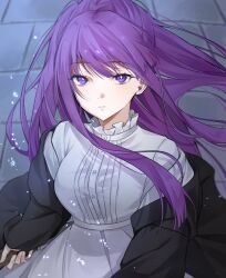 Rule 34 | 1girl, black coat, brick road, coat, dress, fern (sousou no frieren), floating hair, gumi 070, highres, holding, holding wand, long hair, looking at viewer, open clothes, open coat, outdoors, purple eyes, purple hair, sousou no frieren, sparks, upper body, wand, white dress