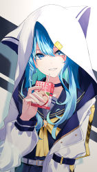 Rule 34 | 1girl, absurdres, animal hood, apple juice, blue choker, blue dress, blue eyes, blue hair, blue sailor collar, bow, bowtie, choker, colored inner hair, commentary, dice gt, dress, drink, earrings, green hair, grin, hair between eyes, highres, holding, holding drink, hololive, hood, hooded jacket, hoshimachi suisei, hoshimachi suisei (school uniform), jacket, jewelry, juice, juice box, long hair, long sleeves, looking at viewer, multicolored hair, official alternate costume, open clothes, open jacket, sailor collar, smile, solo, star (symbol), star in eye, symbol-only commentary, symbol in eye, virtual youtuber, white jacket, yellow bow, yellow bowtie