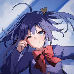 Rule 34 | 1girl, ahoge, blue hair, bow, bowtie, brown ribbon, buttons, chuunibyou demo koi ga shitai!, green eyes, hair ribbon, hand up, highres, long sleeves, looking at viewer, lying, medium hair, multicolored background, on back, one eye closed, red bow, red bowtie, ribbon, smile, solo, takanashi rikka, upper body, woodsbench