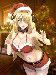 Rule 34 | 1girl, blonde hair, blurry, blurry background, breasts, christmas, christmas tree, creatures (company), cynthia (pokemon), damuko (kxmx4323), fireplace, fur-trimmed headwear, fur trim, game freak, grey eyes, hair ornament, hair over one eye, hands up, hat, highres, indoors, large breasts, long hair, looking at viewer, navel, nintendo, open mouth, pokemon, pokemon dppt, red hat, red shorts, santa costume, santa hat, short shorts, shorts, solo, stomach, very long hair