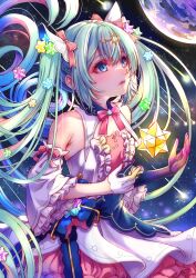 Rule 34 | 1girl, absurdres, asymmetrical gloves, blue eyes, blue hair, commentary, detached sleeves, dress, earth (planet), english commentary, floating hair, frilled sleeves, frills, gloves, hair ornament, hair ribbon, hairclip, hatsune miku, hatsune miku expo, highres, kodue55, long hair, neck ribbon, parted lips, planet, ribbon, shooting star, single detached sleeve, sleeveless, sleeveless dress, small stellated dodecahedron, solo, space, star (symbol), star hair ornament, twintails, very long hair, vocaloid