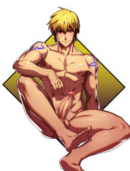 Rule 34 | 1boy, absurdres, barefoot, blonde hair, blush, erection, fate/zero, fate (series), feet, gilgamesh (fate), highres, lvlv, male focus, nipples, nude, penis, red eyes, simple background, sitting, smile, solo, tattoo, testicles, toes