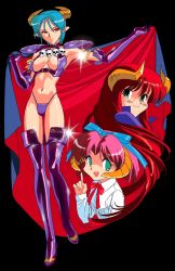 Rule 34 | 00s, 3girls, :3, aqua hair, black background, boots, breasts, cape, carrera, demon girl, elbow gloves, gloves, hair ribbon, high heel boots, high heels, horns, index finger raised, long hair, looking at viewer, mercedes (viper), multiple girls, navel, no pupils, official art, open mouth, pointy ears, rati, red eyes, red hair, ribbon, short hair, simple background, skull, smile, demon girl, thigh boots, thighhighs, viper, viper gts