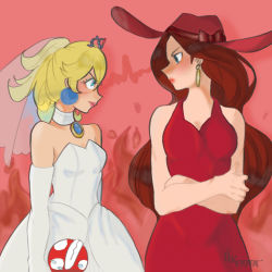 Rule 34 | 2girls, angry, arms at sides, bare arms, bare shoulders, blonde hair, blue eyes, blue gemstone, bow, breasts, brown hair, choker, clash, cleavage, closed mouth, confrontation, crossed arms, crown, donkey kong (series), dress, earrings, elbow gloves, eye contact, female focus, fire, gem, gloves, hair between eyes, hat, ilverna, jewelry, lips, lipstick, long dress, long hair, looking at another, makeup, mario (series), mayor, medium breasts, multiple girls, neck, necklace, nintendo, pauline (mario), pink background, pink lips, piranha plant, plant, ponytail, princess, princess peach, red bow, red dress, red headwear, red lips, short hair, standing, super mario odyssey, sweat, veil, wavy mouth, wedding dress, white choker, white dress, white gloves