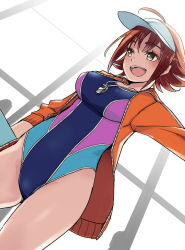 Rule 34 | 1girl, :d, ahoge, breasts, brown hair, collarbone, colored eyelashes, competition swimsuit, cowboy shot, dutch angle, hat, idolmaster, jacket, kawaty, large breasts, nishijima kai, one-piece swimsuit, open clothes, open jacket, open mouth, orange jacket, outstretched arm, short hair, silhouette, smile, solo focus, standing, swimsuit, tareme, teeth, thighs, unzipped, visor cap, whistle, white hat