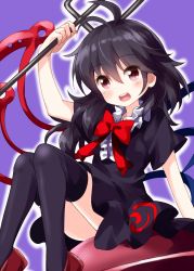 Rule 34 | 1girl, ahoge, antenna hair, arm up, asymmetrical wings, black hair, black thighhighs, blue wings, blush, bow, bowtie, center frills, commentary request, dress, feet out of frame, frills, hair between eyes, head tilt, highres, holding, holding weapon, houjuu nue, long hair, looking at viewer, open mouth, outline, polearm, purple background, red bow, red bowtie, red eyes, red footwear, red wings, ruu (tksymkw), shoes, short dress, short sleeves, simple background, sitting, smile, solo, thighhighs, thighs, touhou, trident, ufo, weapon, white outline, wings