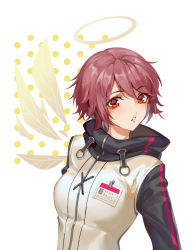 Rule 34 | 1girl, arknights, breasts, brown hair, buming, commentary request, exusiai (arknights), hair between eyes, halo, high collar, jacket, looking at viewer, medium breasts, parted lips, polka dot, red eyes, short hair, solo, upper body, white jacket, wings