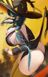 Rule 34 | 1girl, absurdres, ass, azur lane, boise (azur lane), boise (castle tales) (azur lane), breasts, cleavage, from side, green hair, hat, highres, huge ass, huge breasts, long hair, looking at viewer, looking to the side, nicorima, official alternate costume, pelvic curtain, plague doctor mask, solo, thighhighs, very long hair, witch hat, yellow eyes, yellow thighhighs