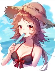 Rule 34 | 1girl, ahoge, arknights, bare arms, bare shoulders, bikini, black bikini, blue sky, bow, breasts, brown hair, cleavage, commentary request, cropped torso, day, eyjafjalla (arknights), food, halterneck, hand up, hat, highres, holding, holding food, horns, long hair, looking at viewer, open mouth, outdoors, popsicle, red bow, red eyes, sheep horns, sky, small breasts, solo, sun hat, swimsuit, upper body, yunweishukuang