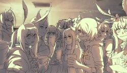 Rule 34 | 6+girls, amiya (arknights), animal ear piercing, animal ears, arknights, awkward, bow, caustics, character request, commentary, cup, dobermann (arknights), english commentary, exusiai (arknights), false smile, furrowed brow, glaring, hair bow, halo, holding, holding cup, istina (arknights), jewelry, lappland (arknights), light frown, long bangs, long hair, looking to the side, medium hair, meme, meme request, monochrome, moread, multiple girls, multiple rings, name tag, nervous smile, originium (arknights), party, peeking out, pov, provence (arknights), rabbit ears, rhodes island medic (arknights), ring, rope (arknights), scar, scar across eye, smile, sora (arknights), staring, texas (arknights), vent (object), w (arknights), weedy (arknights), wince, wolf ears, xiao qiong
