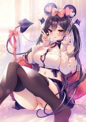 Rule 34 | 1girl, animal ears, ass, ayuma sayu, bare shoulders, black hair, bow, breasts, brown thighhighs, choker, cleavage, crop top, demon tail, detached collar, double v, hair bow, hand up, highres, knees together feet apart, large breasts, long hair, long sleeves, looking at viewer, midriff, miniskirt, mouse ears, navel, no shoes, off-shoulder sweater, off shoulder, original, panties, purple skirt, red eyes, sitting, skirt, smile, solo, stomach, sweater, tail, tail bow, tail ornament, thighhighs, tongue, tongue out, twintails, underwear, v, very long hair, white panties, white sweater
