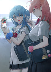 Rule 34 | 2girls, absurdres, blue eyes, blue hair, bow, bowtie, cellphone, hair ornament, hair ribbon, highres, holding, holding phone, hololive, hoshimachi suisei, long hair, mikan (chipstar182), multiple girls, open mouth, phone, pink hair, pleated skirt, red bow, red bowtie, ribbon, sakura miko, school uniform, scrunchie, shirt, skirt, smartphone, virtual youtuber, white shirt, wrist scrunchie, x hair ornament